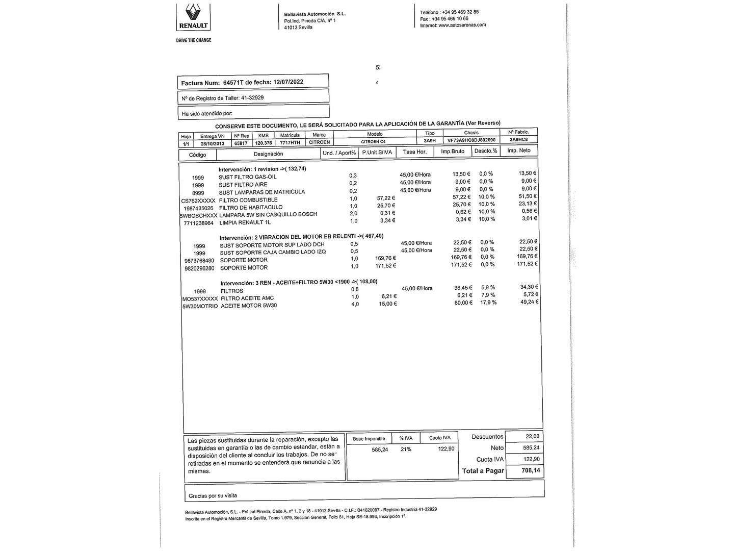 Foto del mantenimiento del Citroën Grand C4 Picasso Citroën Grand C4 Picasso e-HDi 115 Airdream Attraction  (115 CV) 7 Plazas