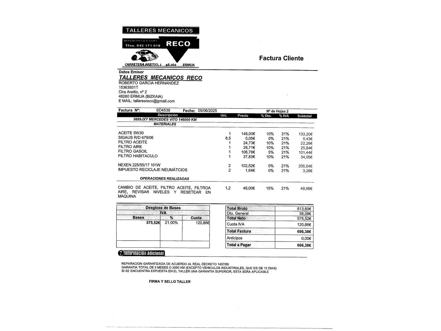 Foto del mantenimiento del Mercedes Clase V Mercedes-Benz Clase V V 220 d Avantgarde Largo (163 CV) Camperizada 5 Plazas