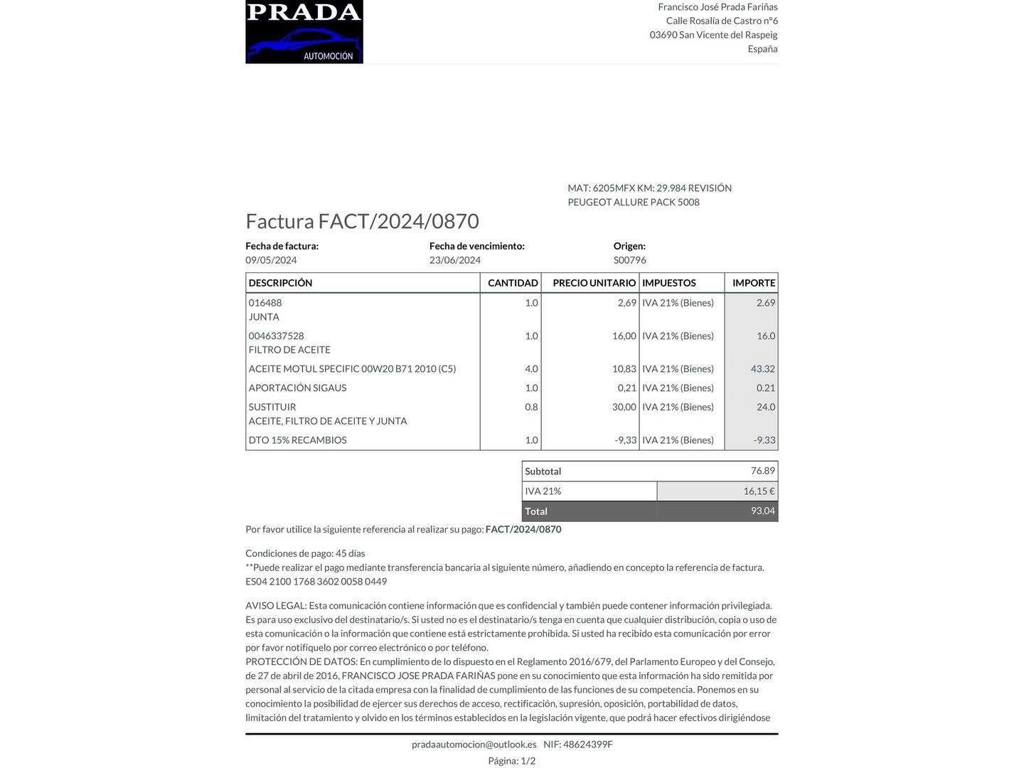 Foto del mantenimiento del Peugeot 5008 Peugeot 5008 PureTech 130 S&S Allure Pack EAT8 7 Plazas (130 CV)
