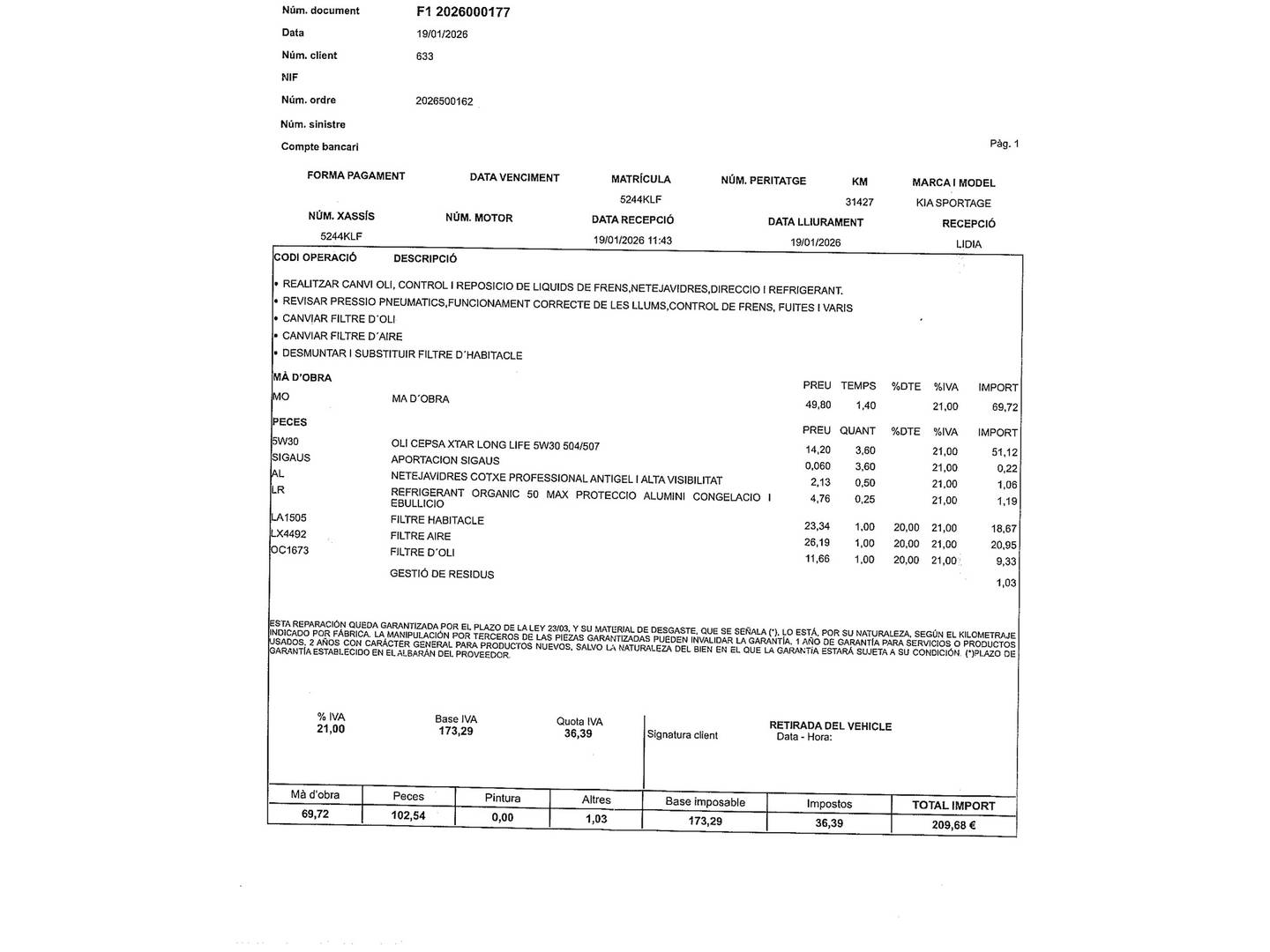 Foto del mantenimiento del KIA Sportage Kia Sportage 1.6 GDi x-Tech18 4x2 (132 CV)