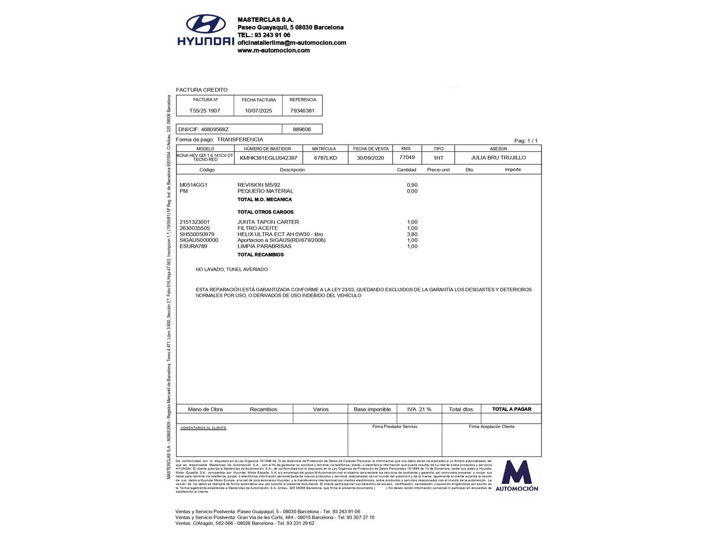 Foto del mantenimiento del Hyundai Kona Hyundai Kona 1.6 GDI HEV Tecno Red DCT (141 CV)
