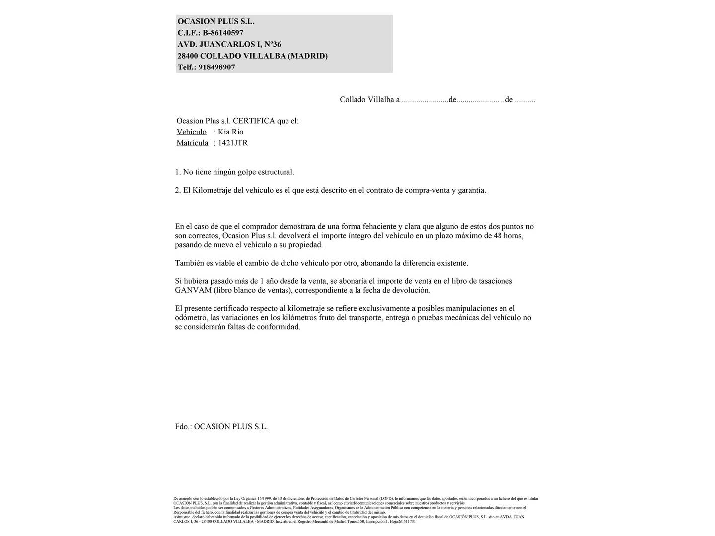 Foto del certificado del KIA Rio Kia Rio 1.1 CRDi WGT Drive (75 CV)