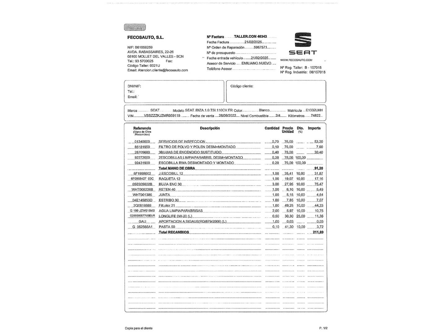 Foto del mantenimiento del Seat Ibiza Seat Ibiza 1.0 TSI FR (110 CV)