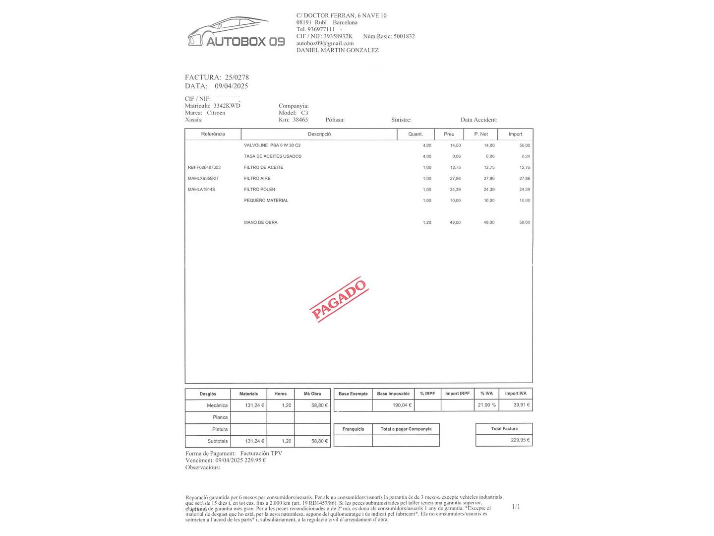Foto del mantenimiento del Citroën C3 Citroën C3 PureTech 110 S&S Shine EAT6 (110 CV)