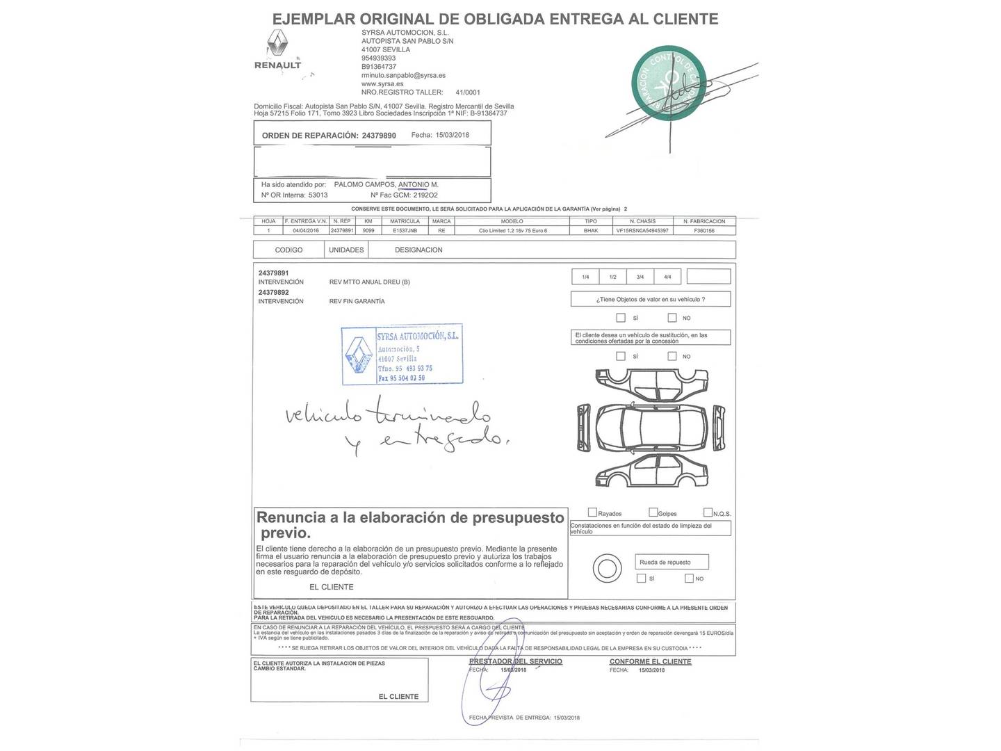 Foto del mantenimiento del Renault Clio Renault Clio Limited 1.2 16v (75 CV)