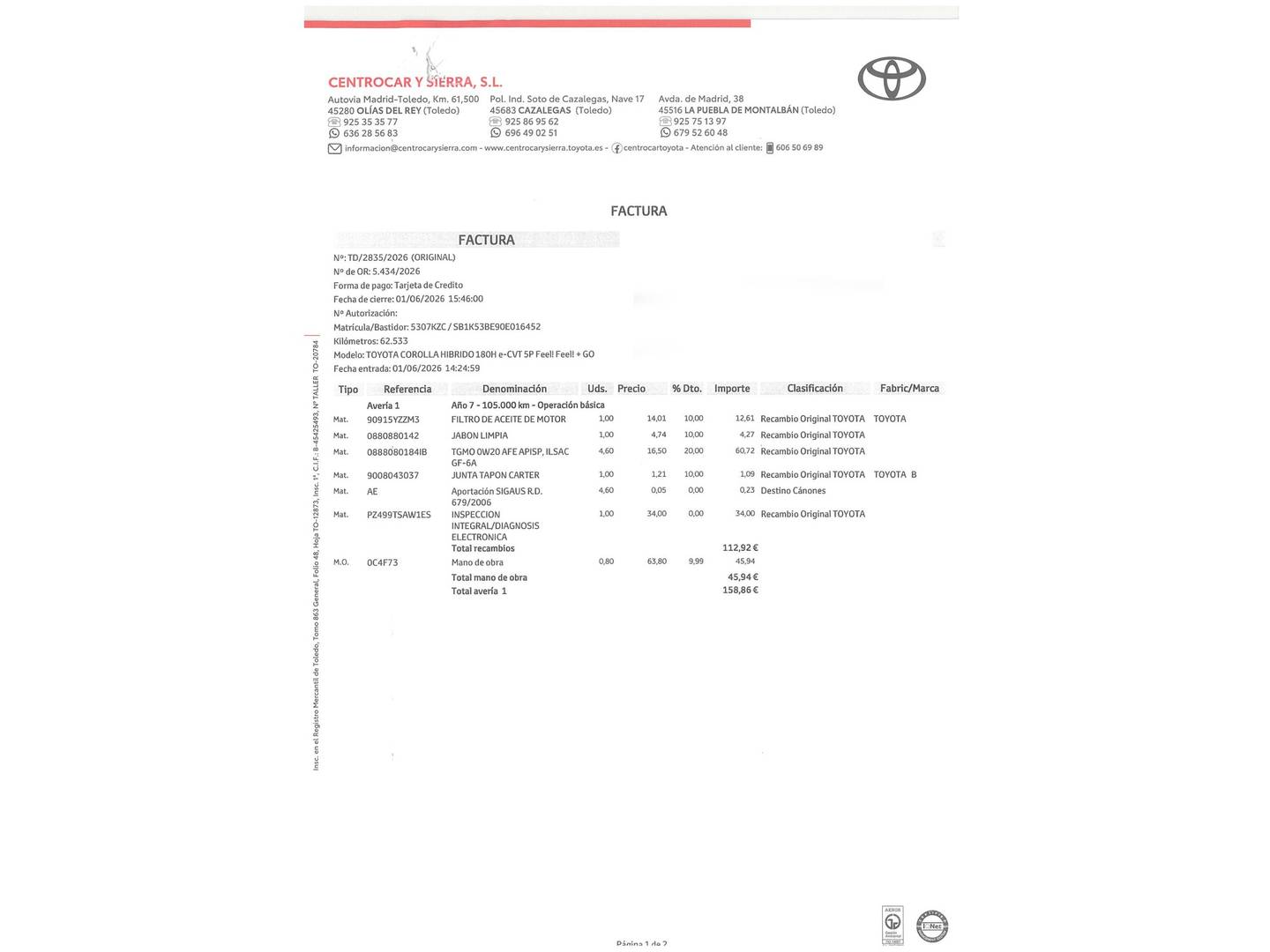 Foto del mantenimiento del Toyota Corolla Toyota Corolla Corolla 180H FEEL! E-CVT (180 CV)