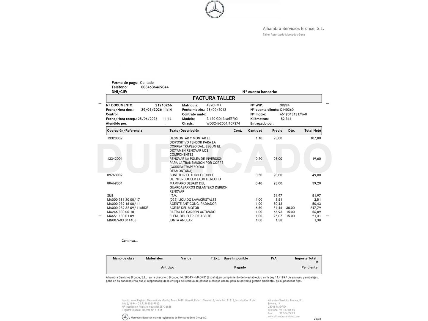 Foto del mantenimiento del Mercedes Clase B Mercedes Clase B B 180 CDI (109 CV)