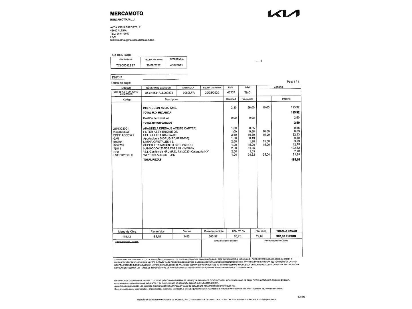 Foto del mantenimiento del KIA Ceed KIA Ceed 1.0 T-GDi Drive (120 CV)