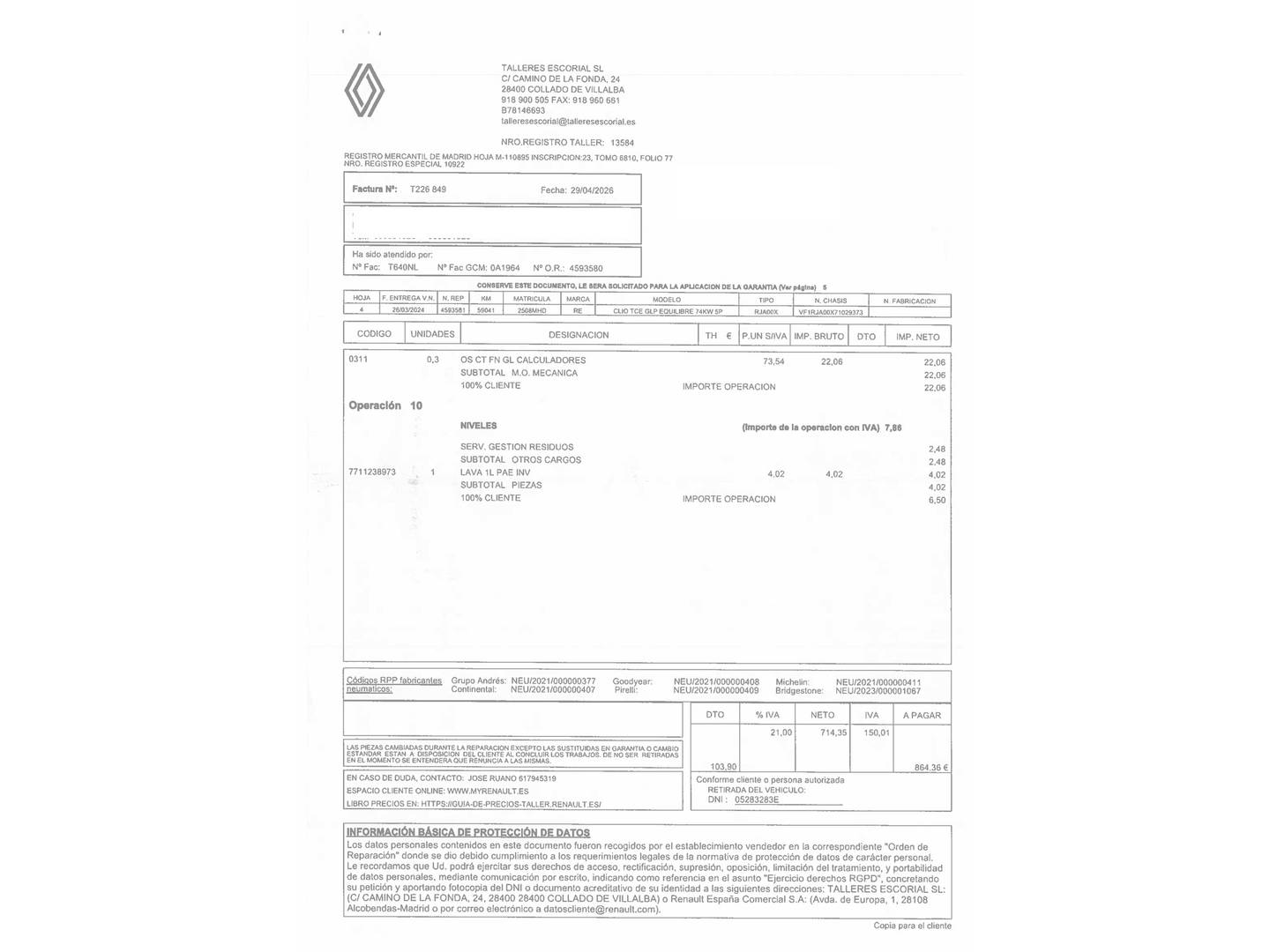Foto del mantenimiento del Renault Clio Renault Clio Equilibre TCe (100 CV) GLP
