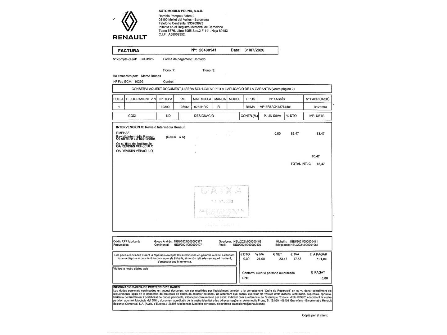 Foto del mantenimiento del Renault Clio Renault Clio Expression Energy S&S TCe (90 CV)