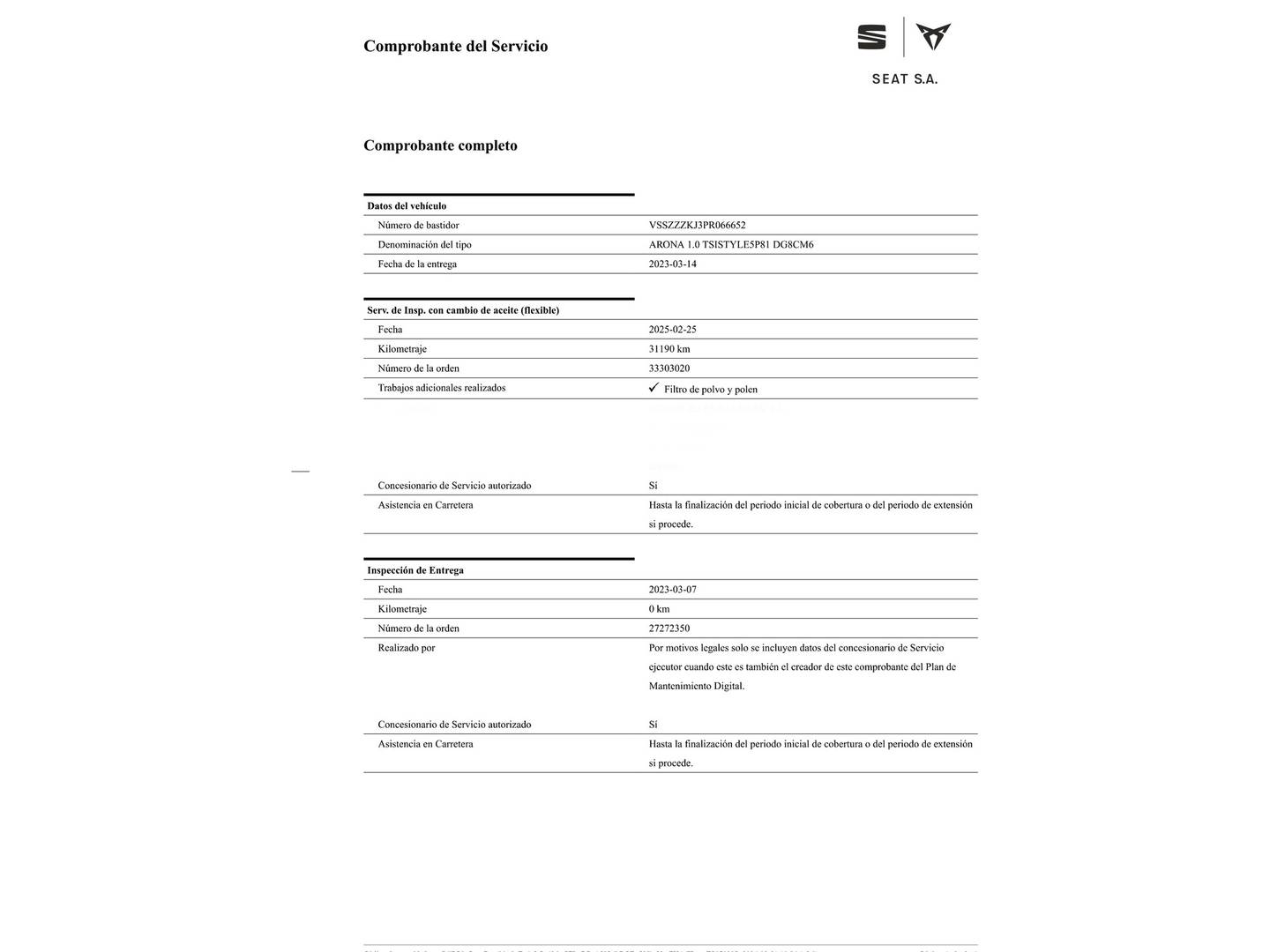 Foto del mantenimiento del Seat Arona Seat Arona 1.0 TSI Style XL Edition (110 CV)