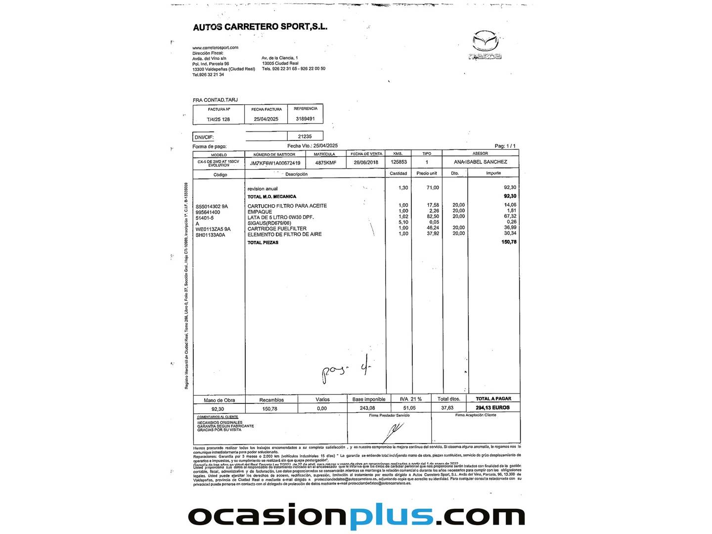 Foto del mantenimiento del Mazda CX-5 Mazda CX-5 2.2 DE Evolution 2WD Auto (150 CV)