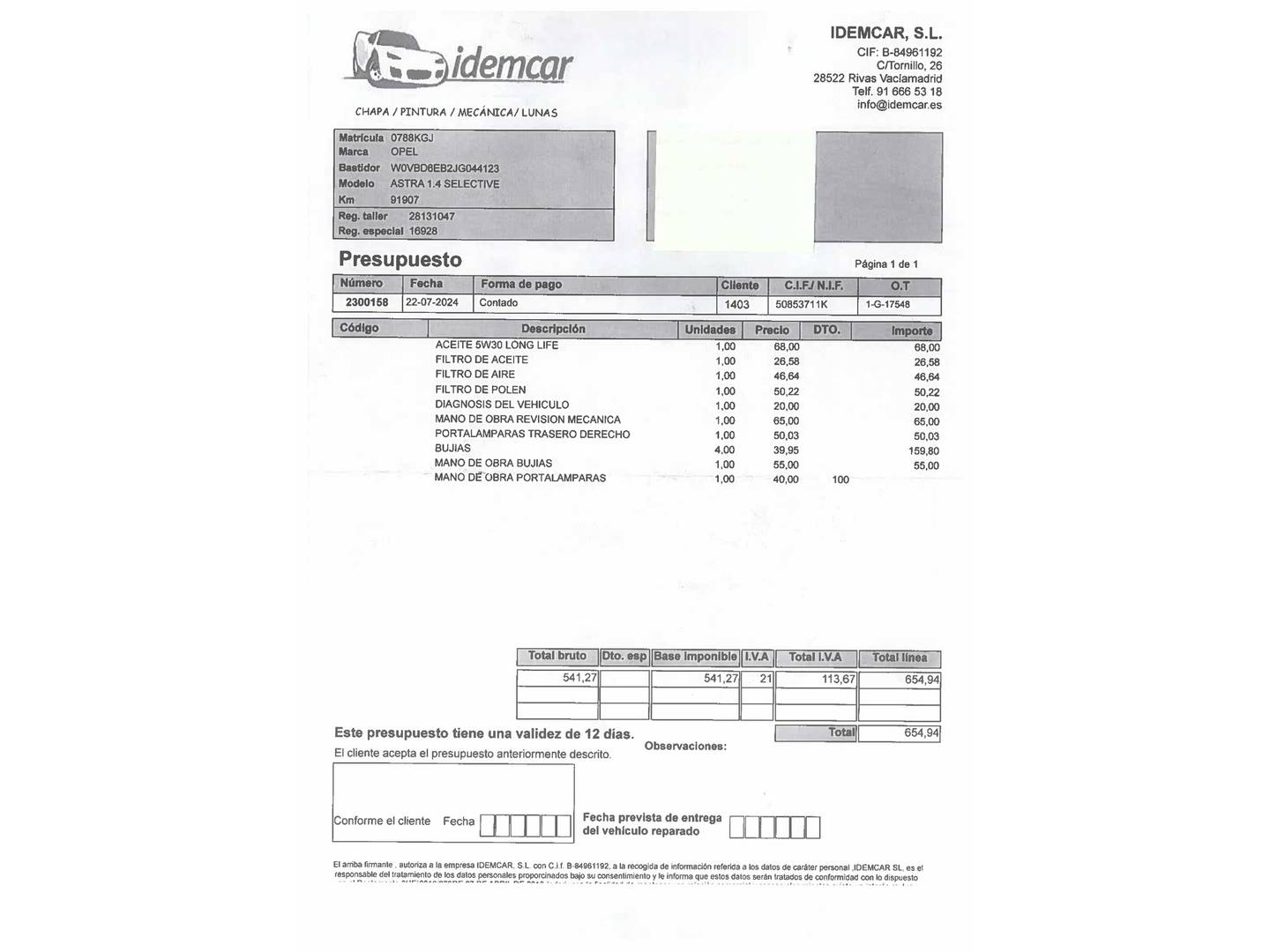 Foto del mantenimiento del Opel Astra Opel Astra 1.4 Turbo S&S Selective (125 CV)