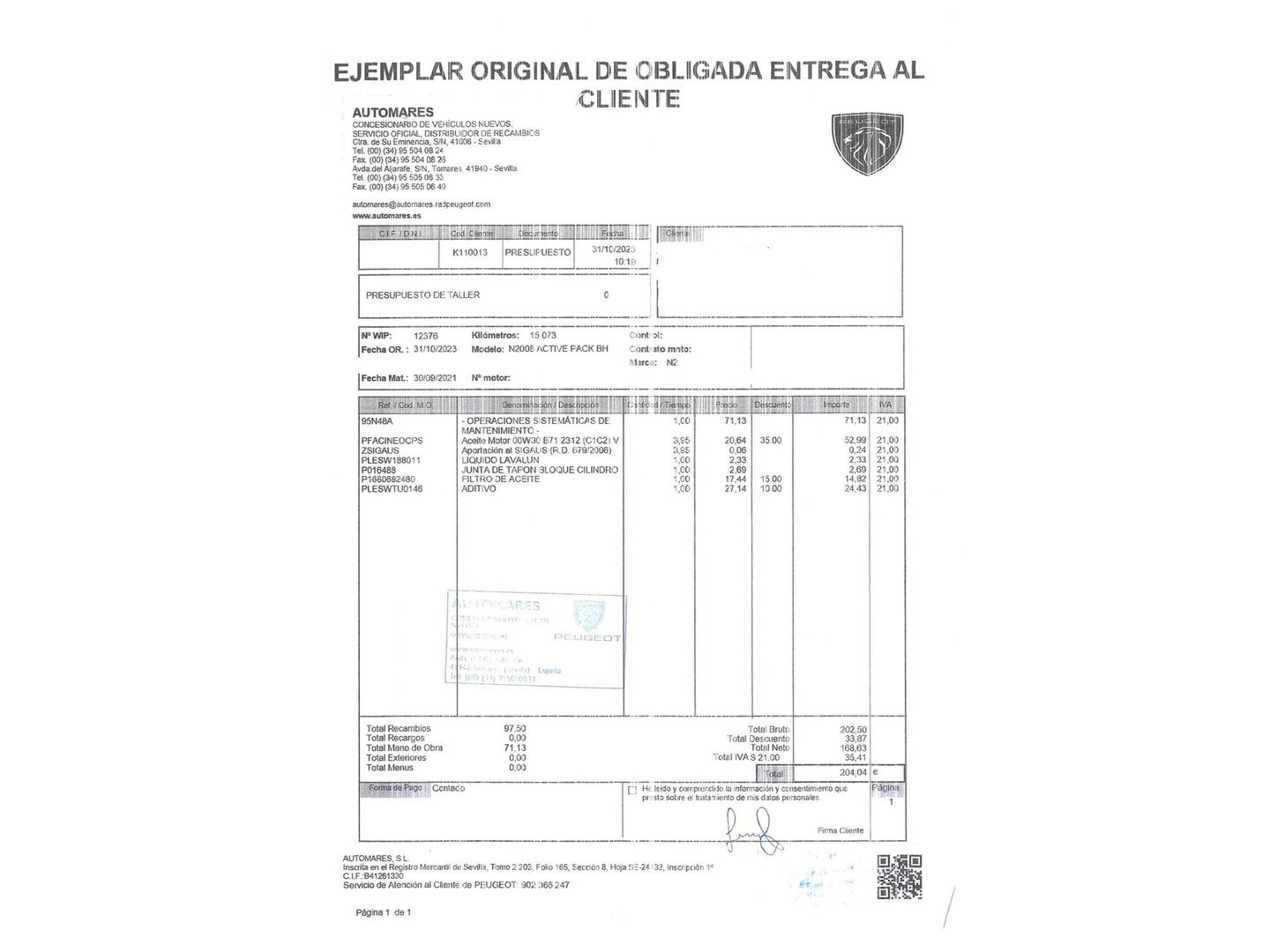 Foto del mantenimiento del Peugeot 2008 Peugeot 2008 BlueHDi 120 S&S Allure EAT6 (120 CV)