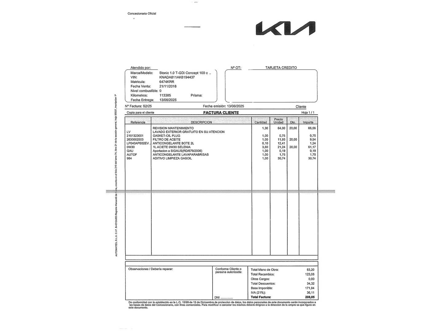 Foto del mantenimiento del KIA Stonic KIA Stonic 1.0 T-GDi Concept (100 CV)