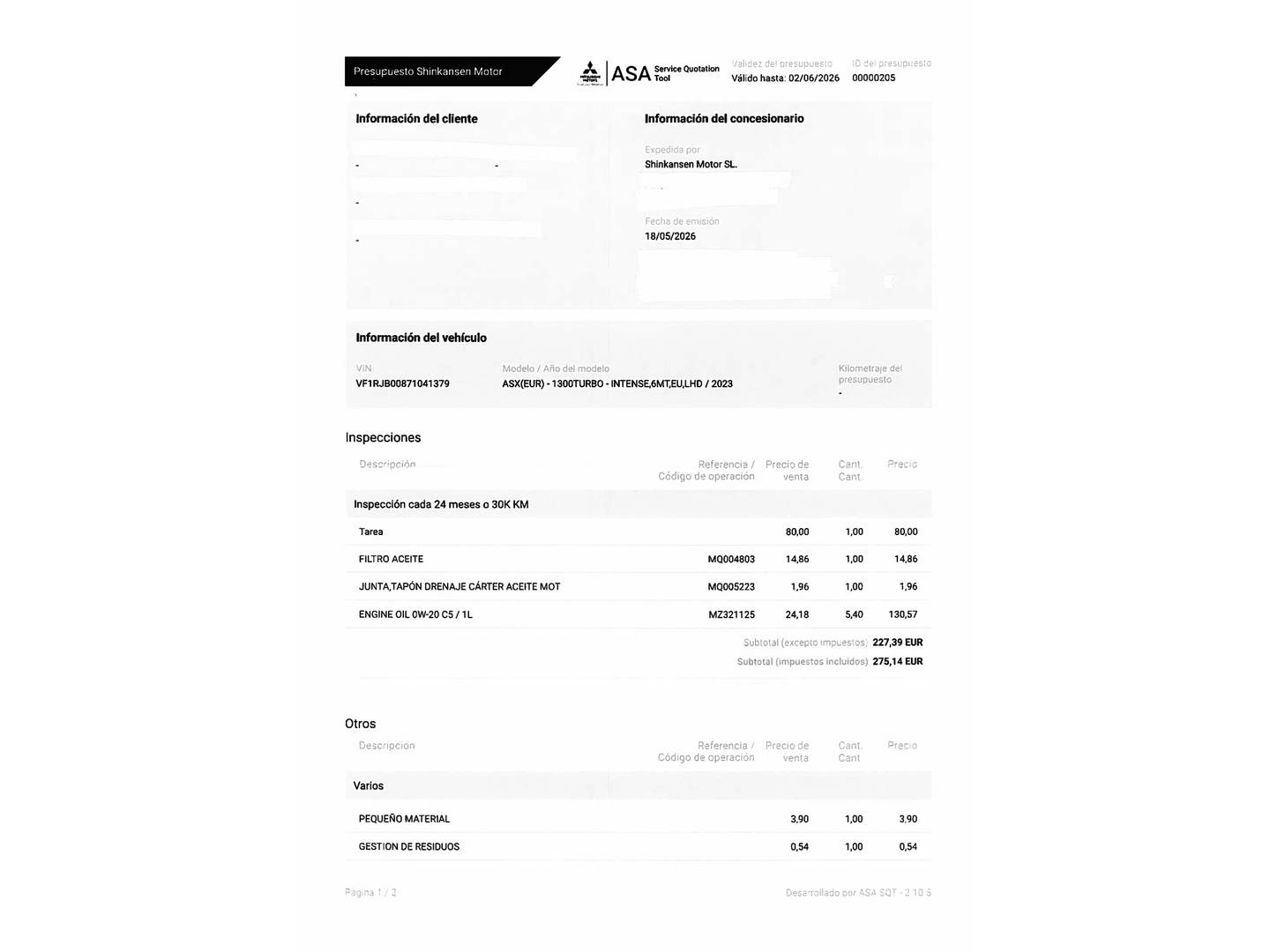 Foto del mantenimiento del Mitsubishi ASX Mitsubishi ASX 130T MHEV Kaiteki  (140 CV)