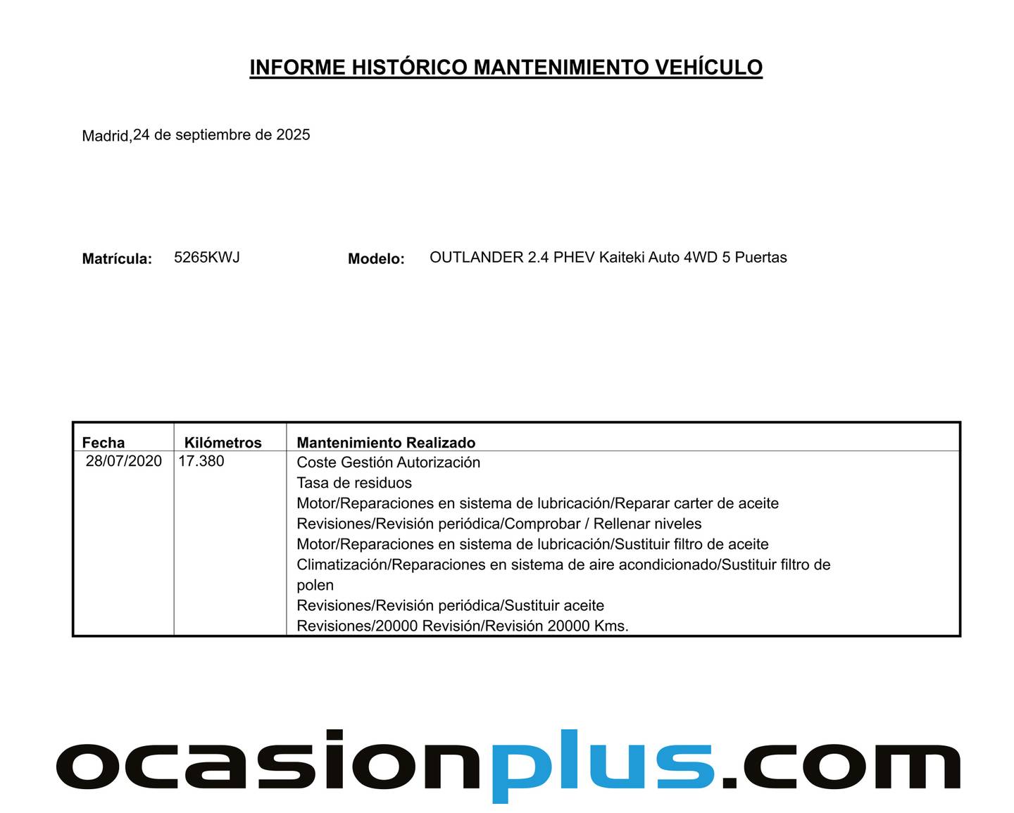 Foto del mantenimiento del Mitsubishi Outlander Mitsubishi Outlander 2.4 PHEV Kaiteki 4WD Auto (224 CV)
