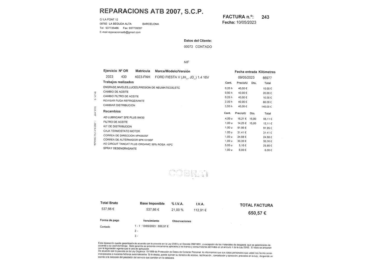 Foto del mantenimiento del Ford Fiesta Ford Fiesta 1.4 Newport (80 CV)