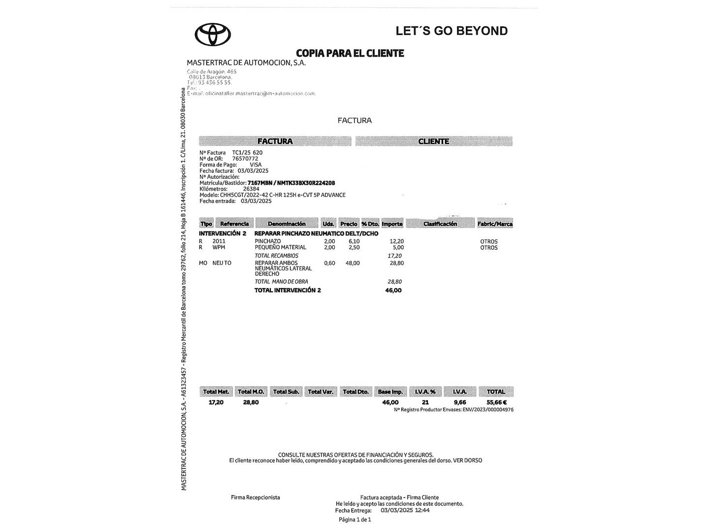 Foto del mantenimiento del Toyota C-HR Toyota C-HR 1.8 125H Advance (122 CV)