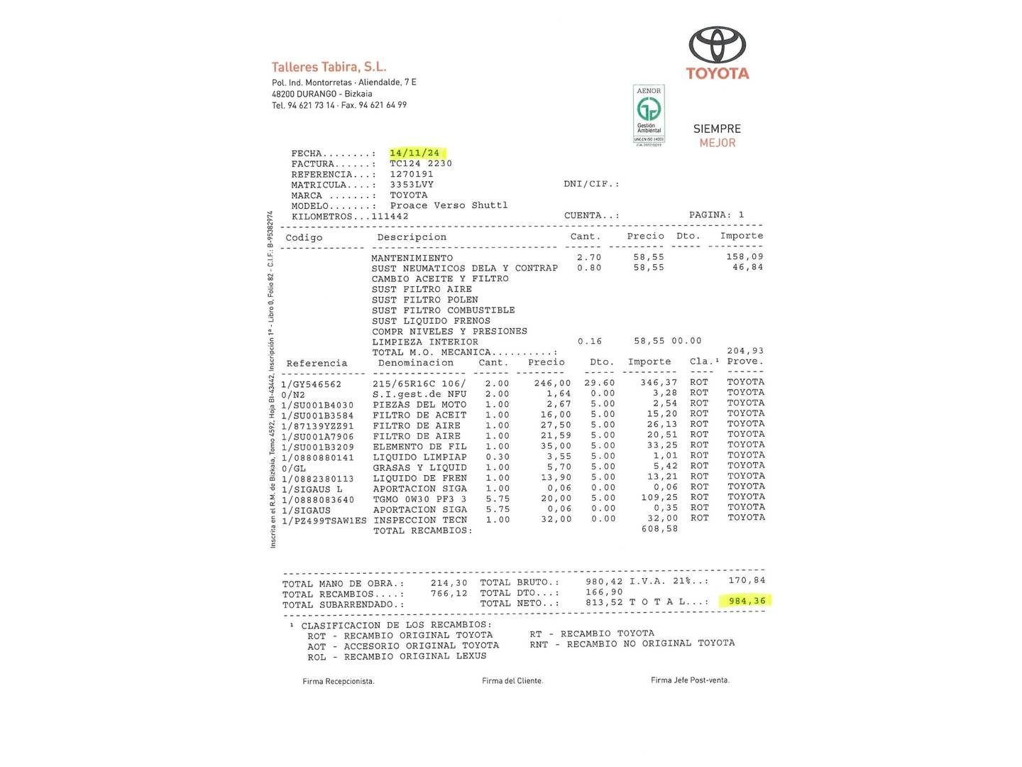 Foto del mantenimiento del Toyota Proace Verso Toyota Proace Verso 1.5D VX Shuttle L1 (120 CV) 9 Plazas