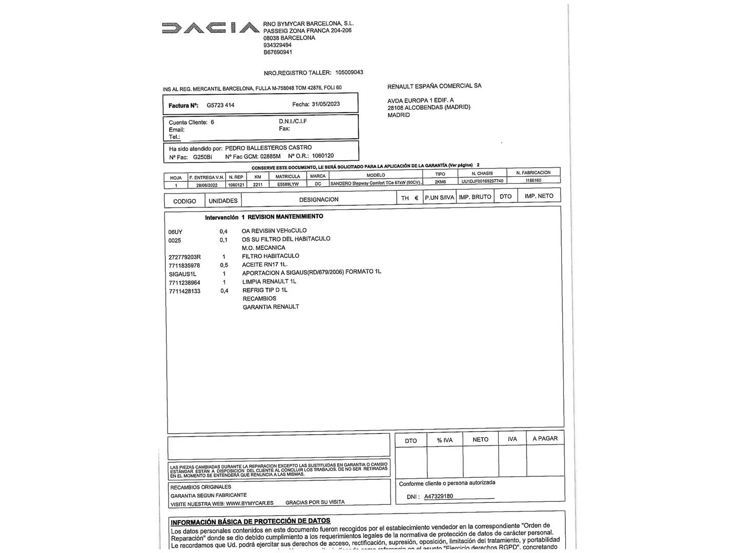 Foto del mantenimiento del Dacia Sandero Dacia Sandero Stepway Comfort TCe (91 CV) CVT