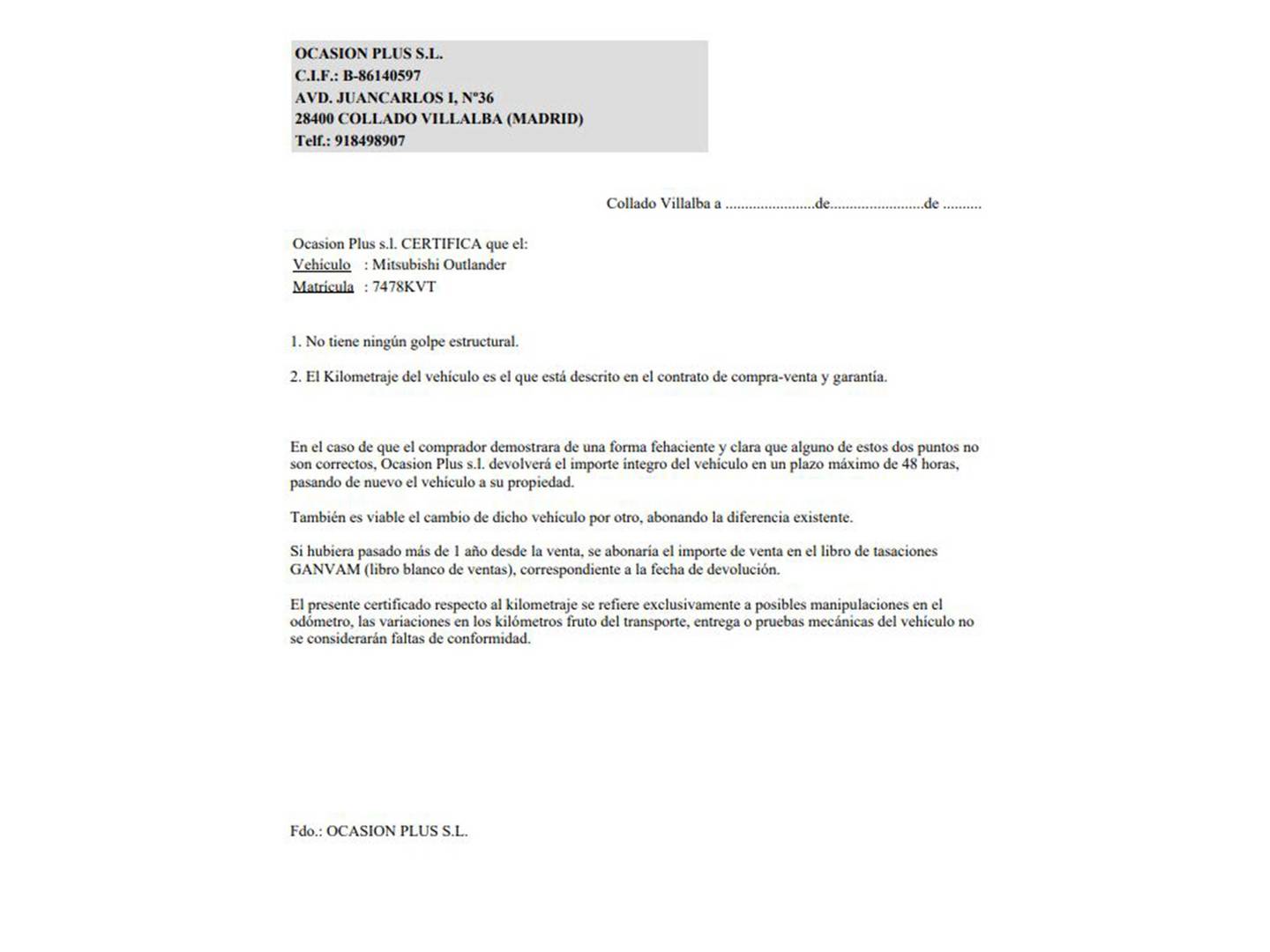 Foto del certificado del Mitsubishi Outlander Mitsubishi Outlander 200 MPI Motion 2WD CVT (150 CV) 7 Plazas