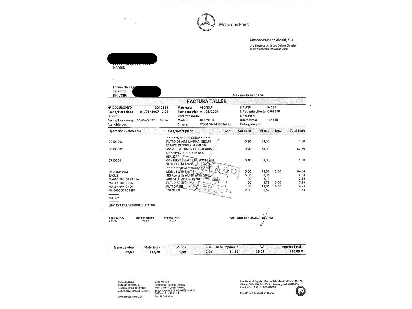 Foto del mantenimiento del Mercedes Clase SLK Mercedes Clase SLK 200 K (163 CV)