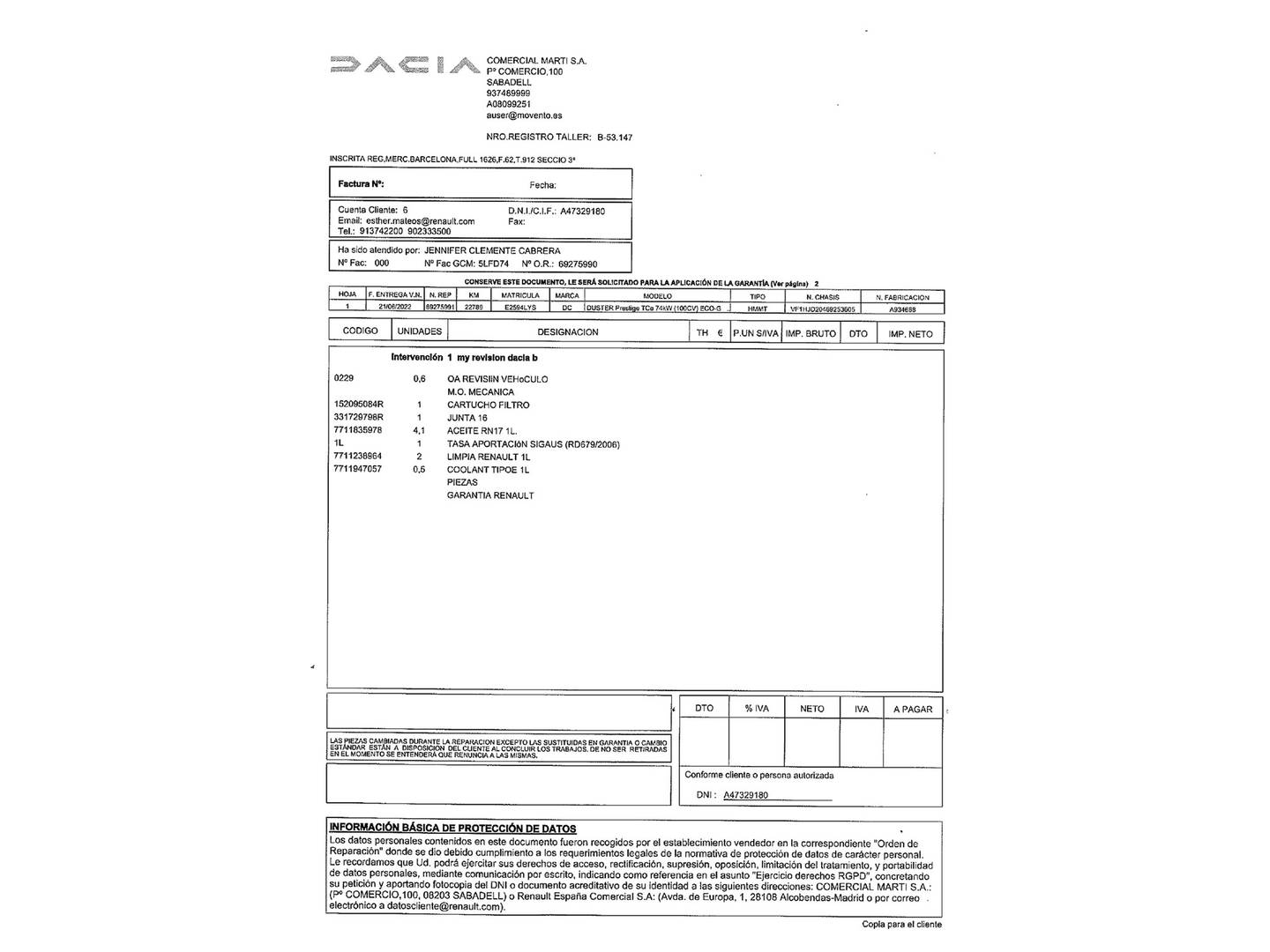 Foto del mantenimiento del Dacia Duster Dacia Duster Prestige Go TCE (100 CV) ECO-G 4X2  ( GLP )