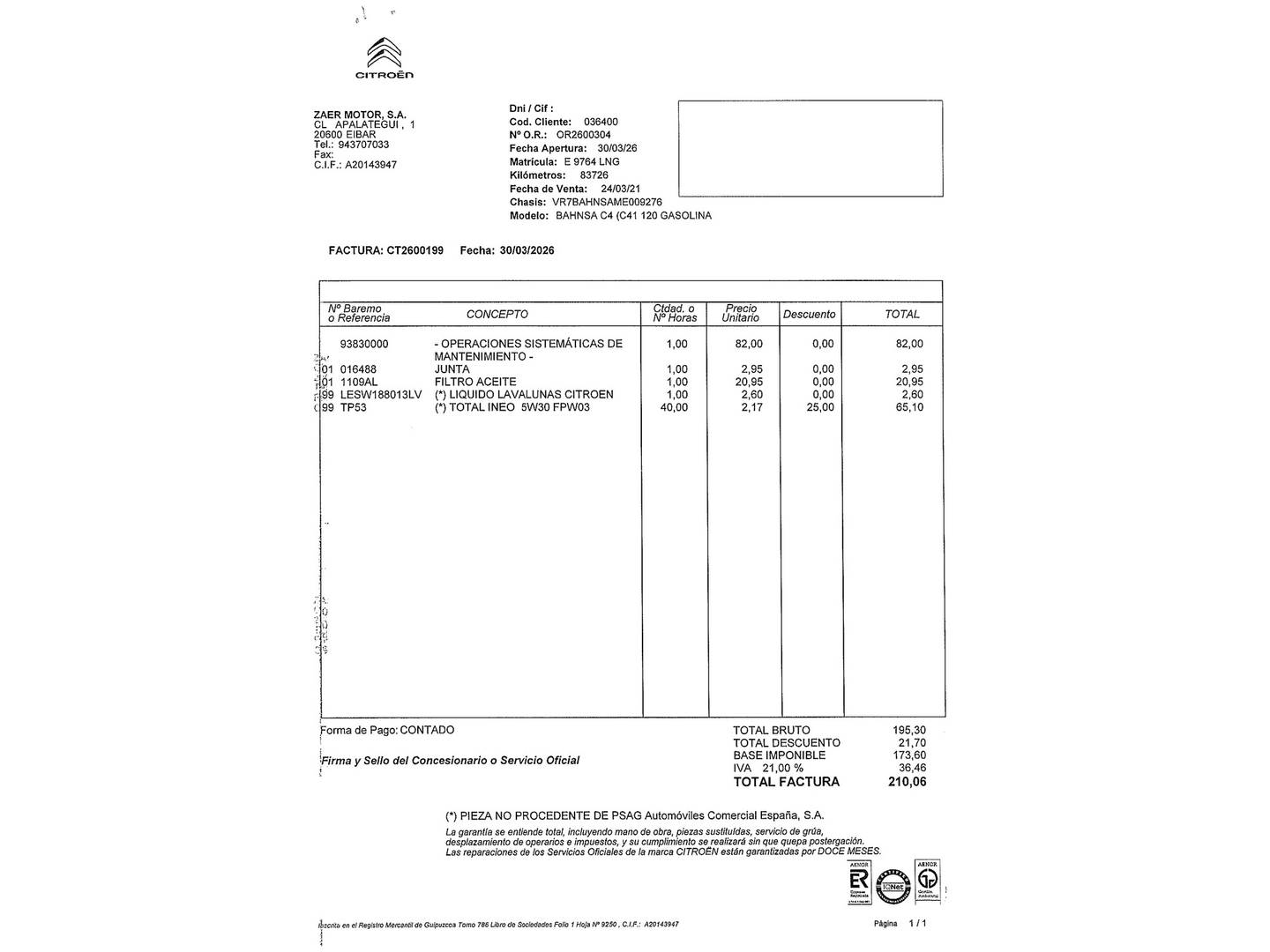 Foto del mantenimiento del Citroën C4 Citroën C4 PureTech 130 S&S 6v Feel Pack (130 CV)