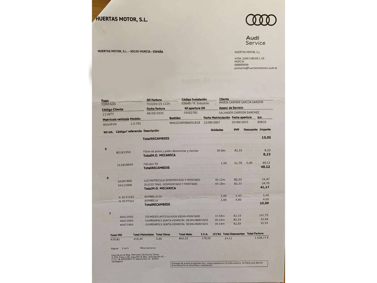 Foto del mantenimiento del Audi A3 Audi A3 Sportback 2.0 TDI DPF  (140 CV) S tronic