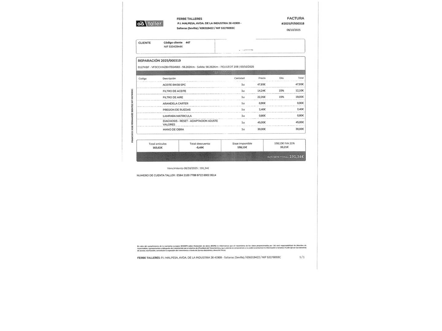 Foto del mantenimiento del Peugeot 208 Peugeot 208 1.2L PureTech Style S (82 CV)