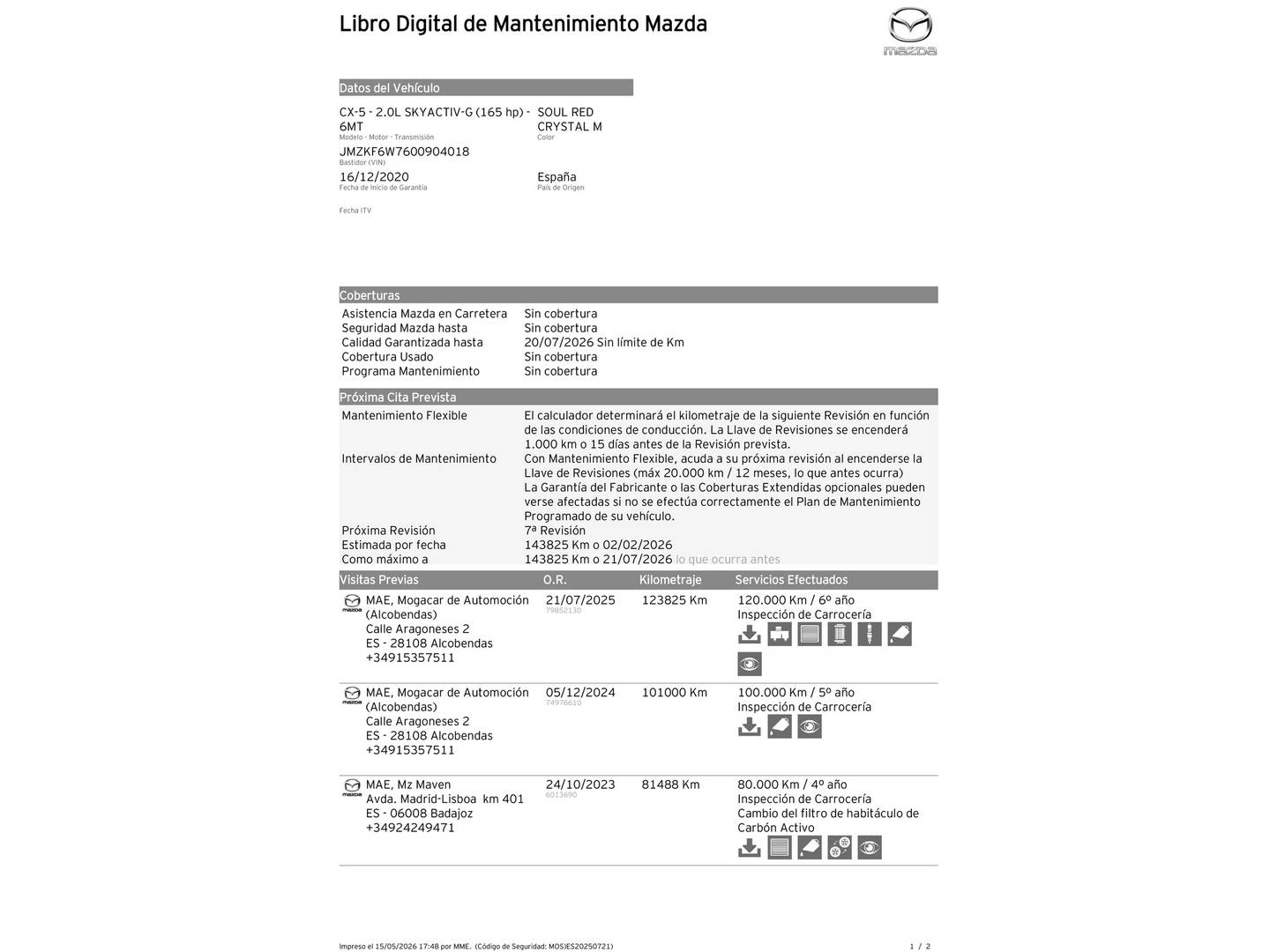 Foto del mantenimiento del Mazda CX-5 Mazda CX-5 2.0 G Origin 2WD (165 CV)