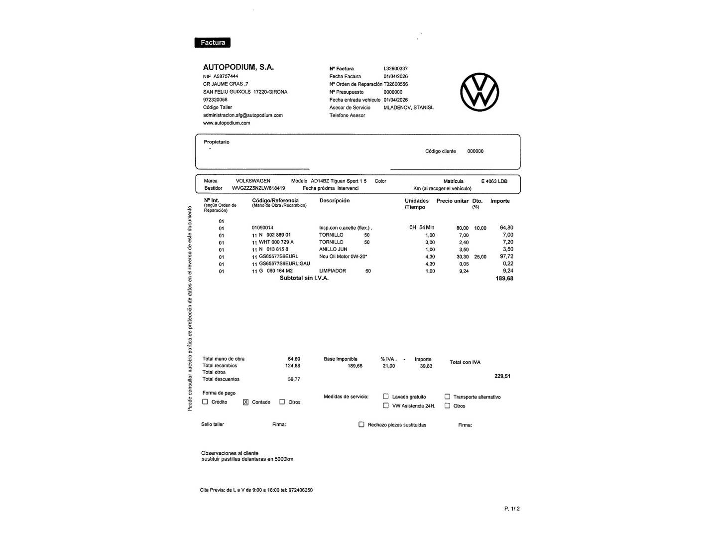 Foto del mantenimiento del Volkswagen Tiguan Volkswagen Tiguan Sport 1.5 TSI (150 CV) DSG