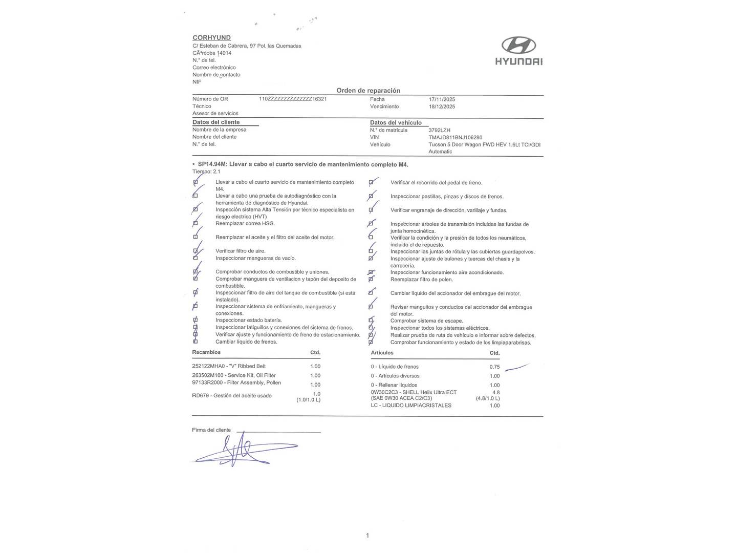 Foto del mantenimiento del Hyundai Tucson Hyundai Tucson 1.6 TGDI HEV Tecno Auto 2C (230 CV)