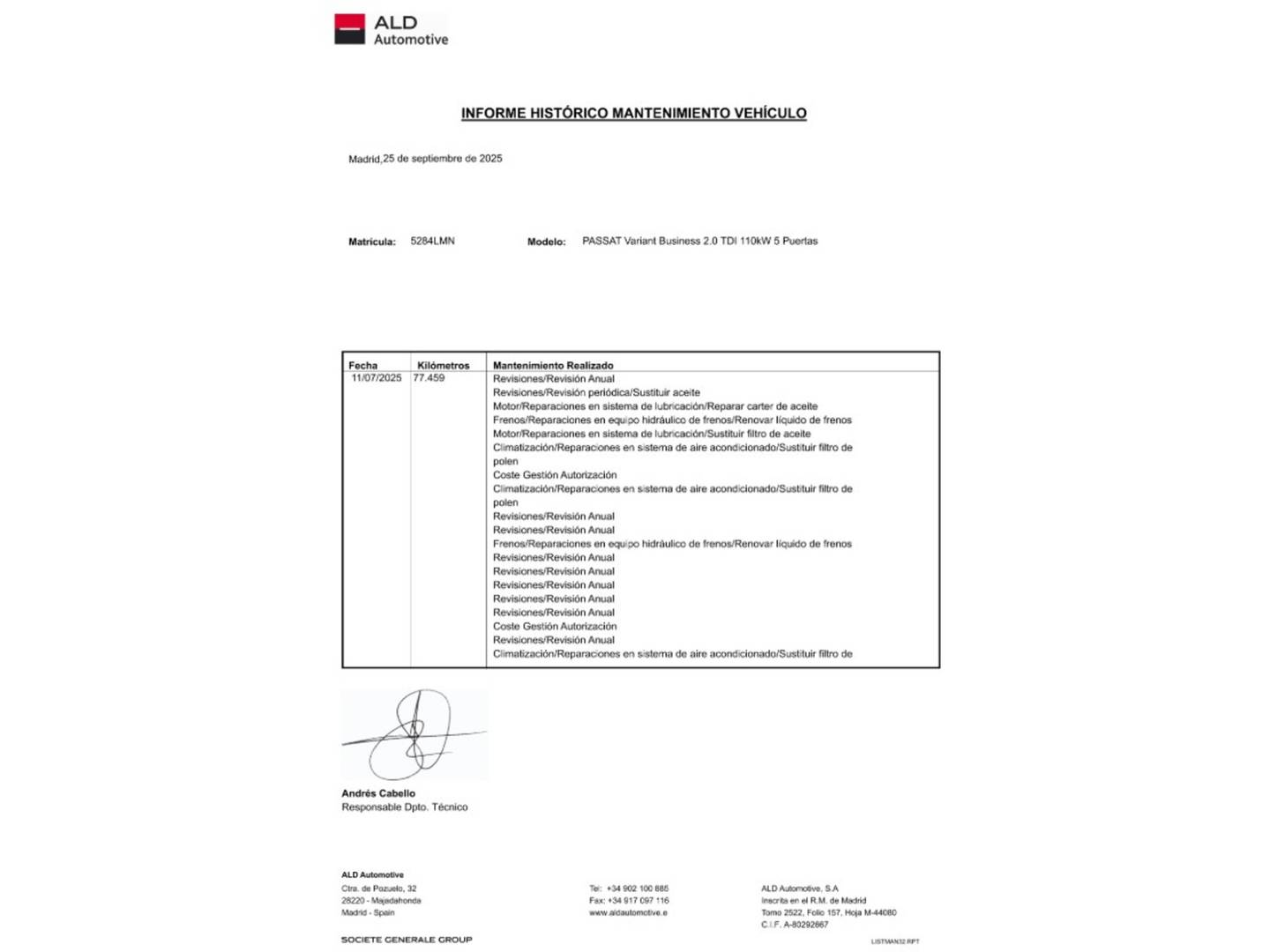 Foto del mantenimiento del Volkswagen Passat Volkswagen Passat Variant Business 2.0 TDI  (150 CV)