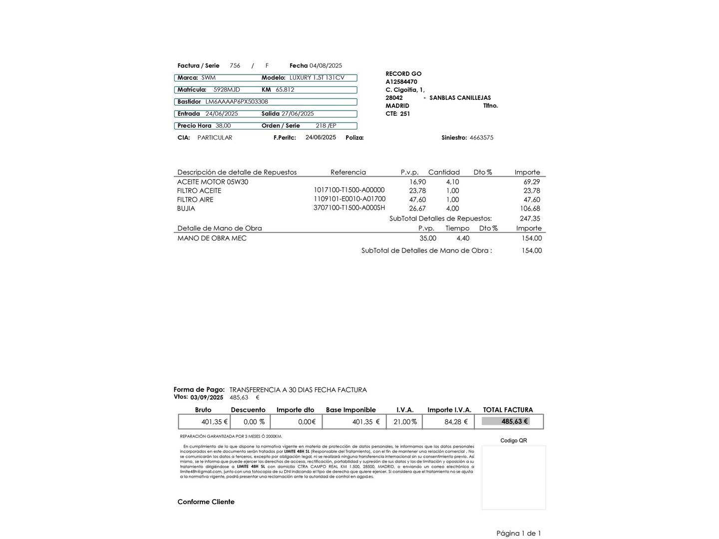 Foto del mantenimiento del SWM G01 SWM G01 1.5T Luxury (131 CV)