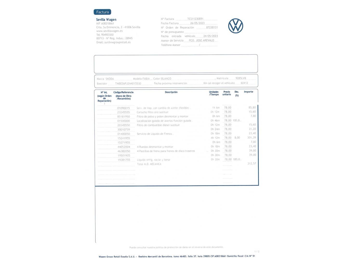 Foto del mantenimiento del Skoda Fabia Skoda Fabia 1.0 MPI Ambition (80 CV)