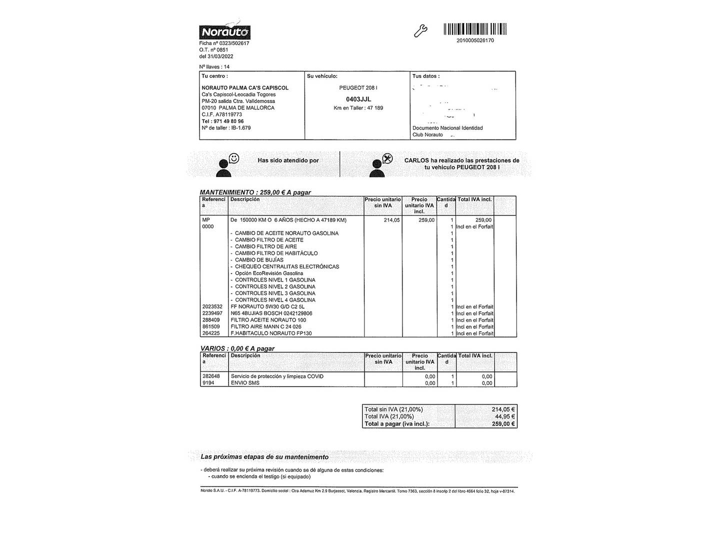 Foto del mantenimiento del Peugeot 208 Peugeot 208 1.2 PureTech Active (82 CV)