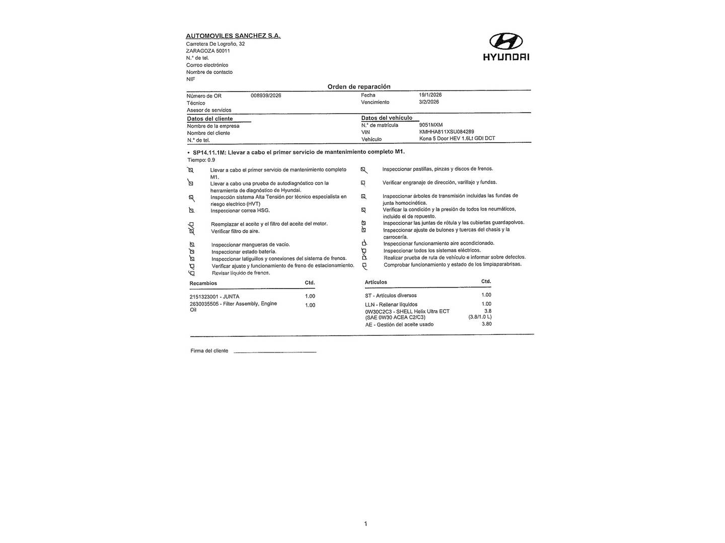 Foto del mantenimiento del Hyundai Kona Hyundai Kona 1.6 GDI HEV N Line DT (129 CV)