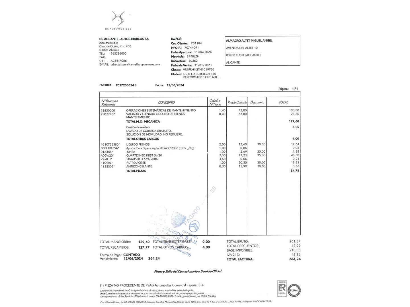 Foto del mantenimiento del DS DS 4 DS DS4 PureTech 130 Performance Line Auto (131 CV)