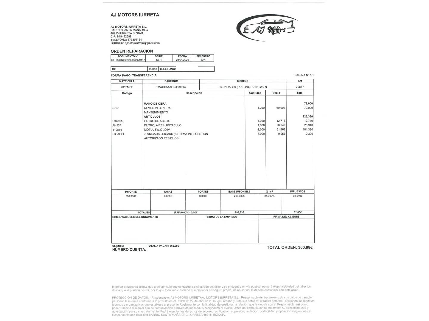 Foto del mantenimiento del Hyundai i30 Hyundai i30 2.0 TGDI N Performance Sky DCT (280 CV)