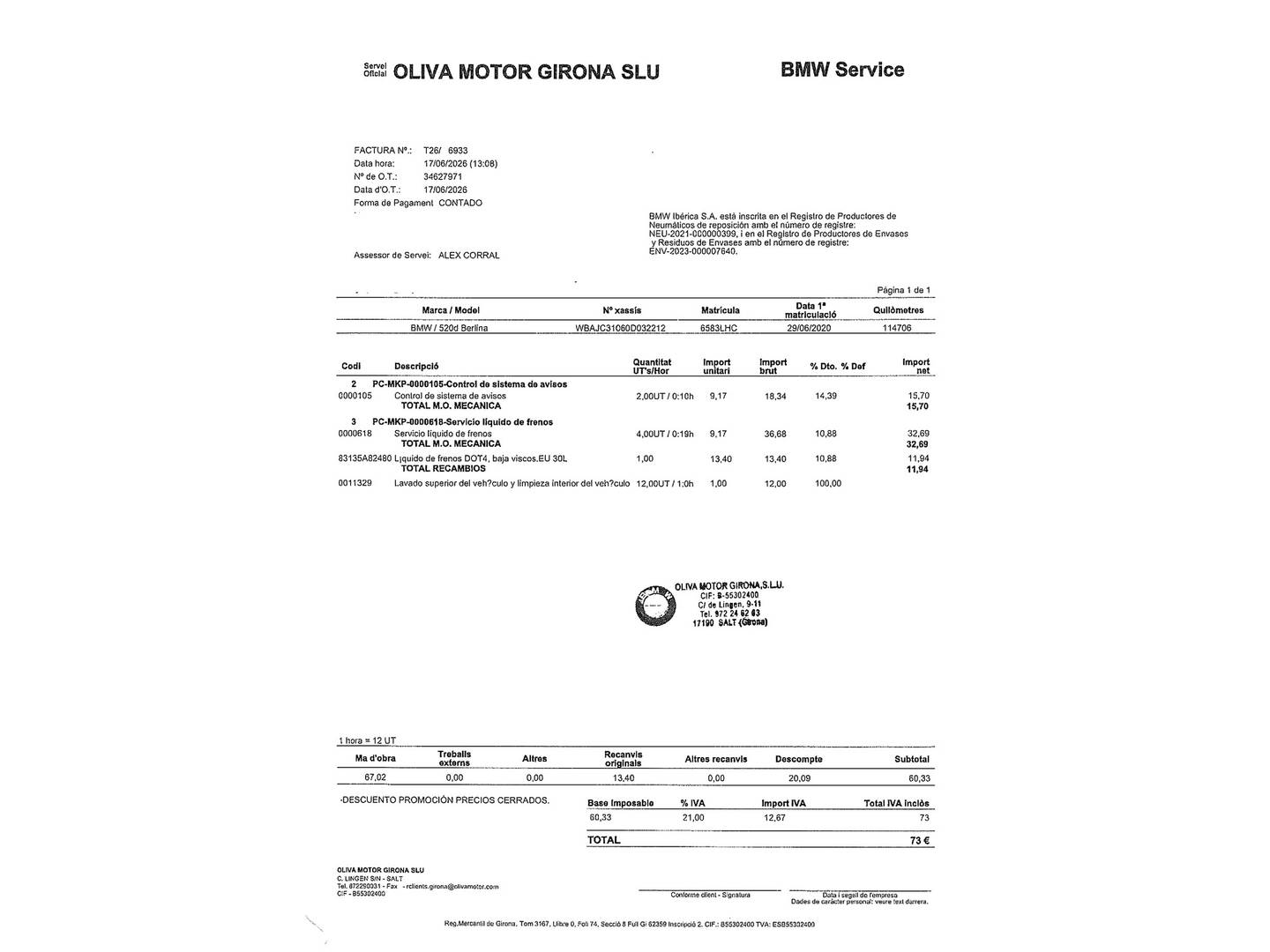Foto del mantenimiento del BMW Serie 5 BMW Serie 5 520d Business (190 CV)Pack M