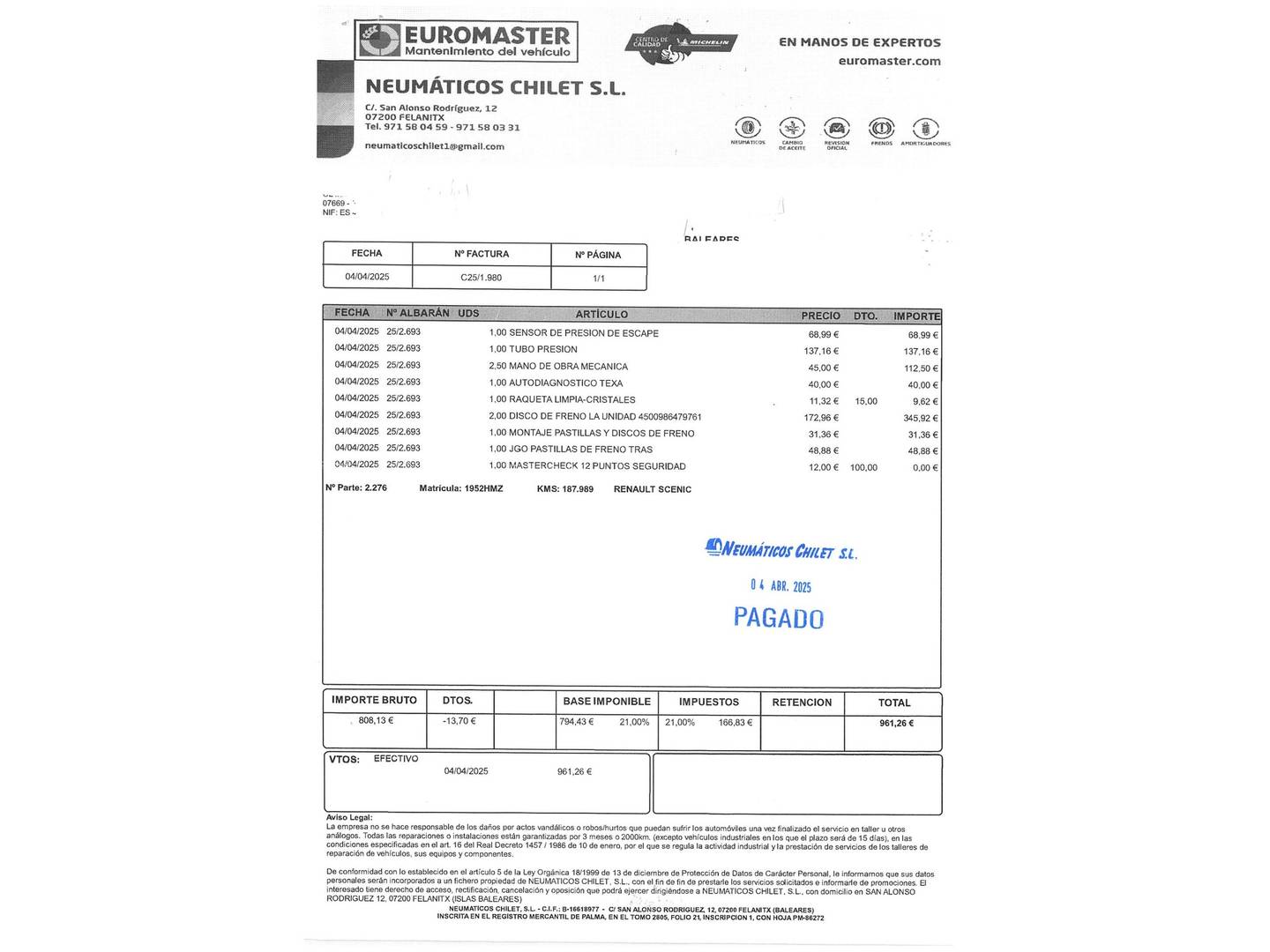 Foto del mantenimiento del Renault Scénic Renault Scenic dCi 95 Expression (95 CV)