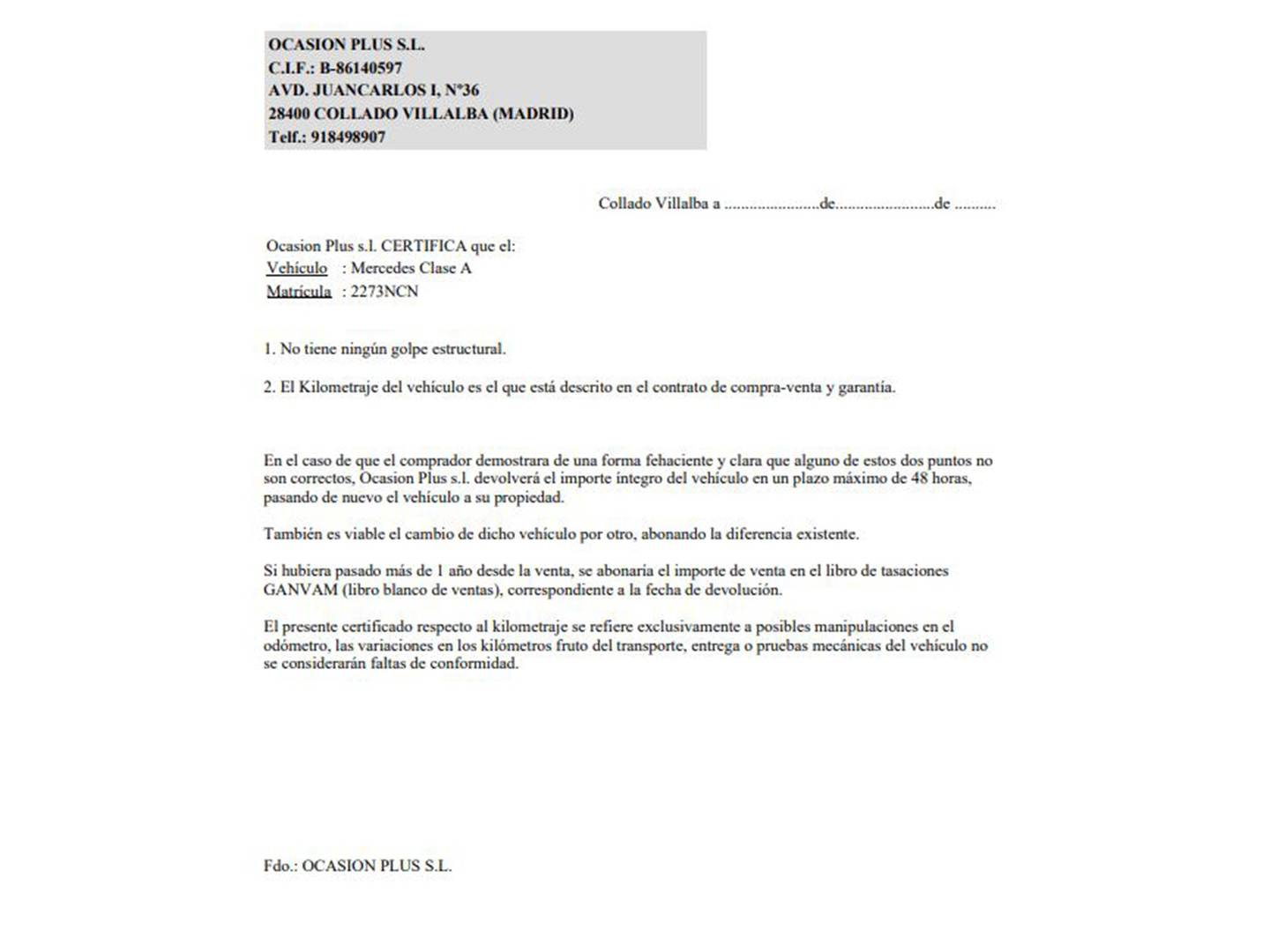 Foto del certificado del Mercedes Clase A Mercedes Clase A 200 Pack AMG  (163 CV)