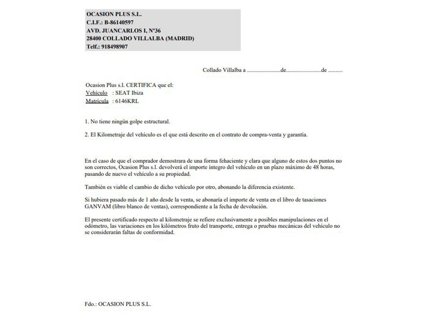 Foto del certificado del Seat Ibiza Seat Ibiza 1.0 EcoTSI FR (115 CV)