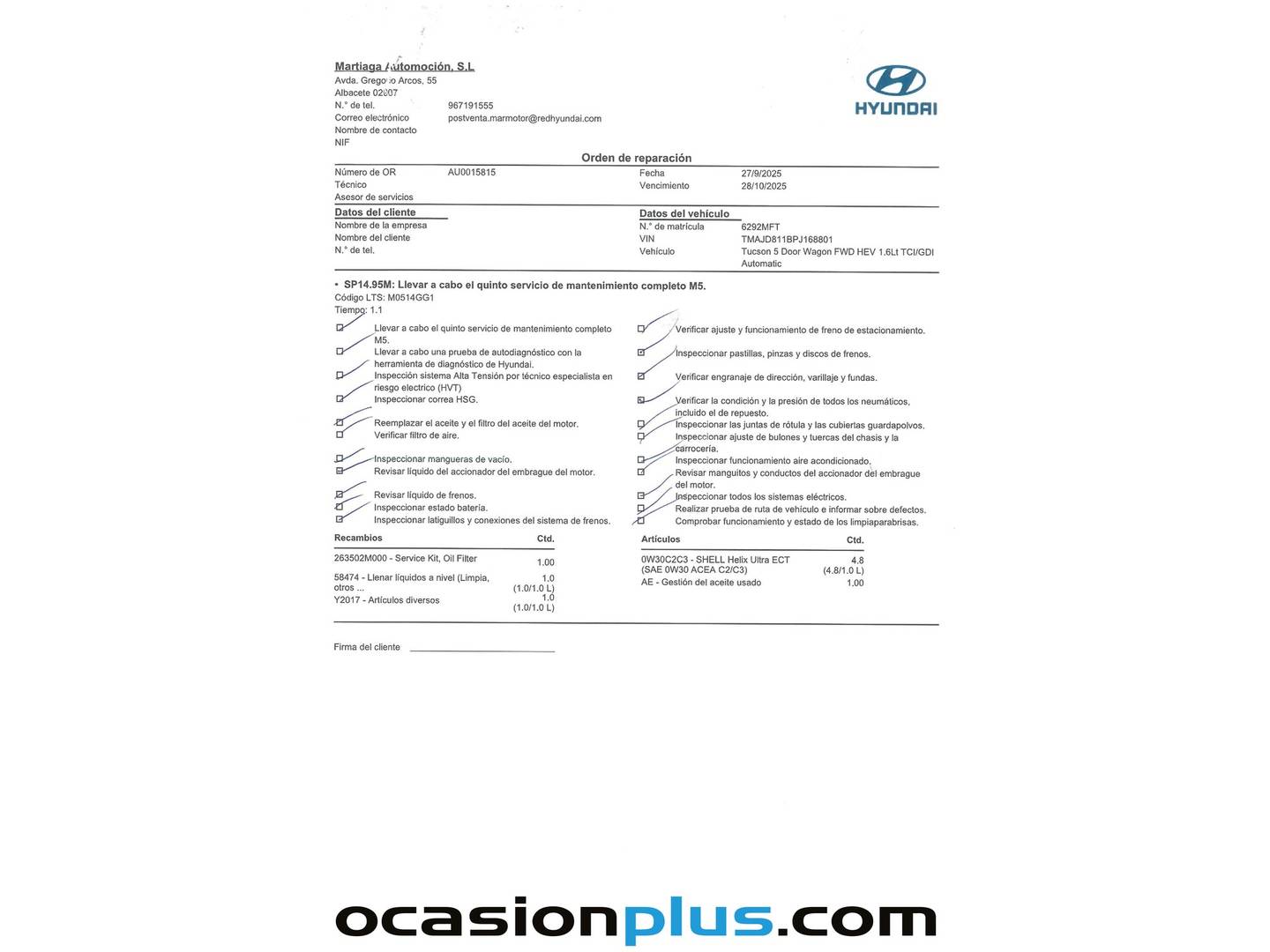 Foto del mantenimiento del Hyundai Tucson Hyundai Tucson 1.6 TGDI HEV Tecno Auto 2C (230 CV)