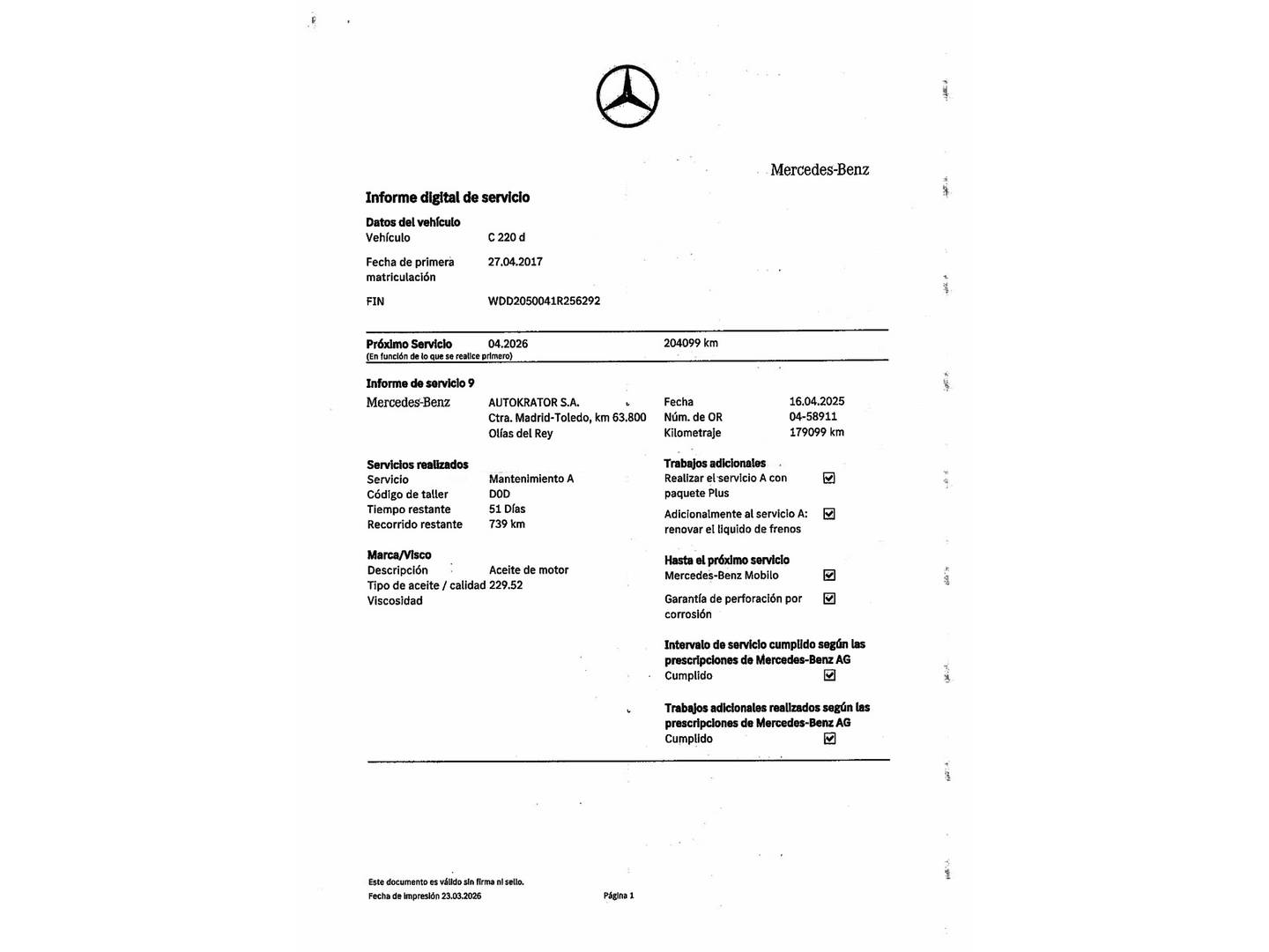 Foto del mantenimiento del Mercedes Clase C Mercedes-Benz Clase C 220 d (170 CV) Pack AMG