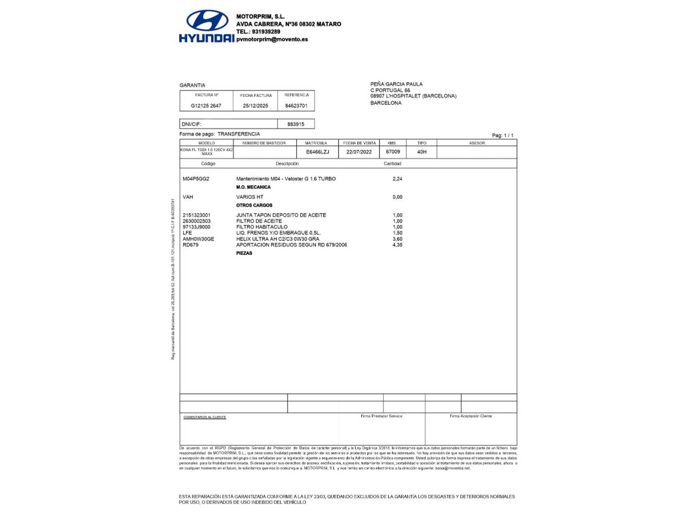 Foto del mantenimiento del Hyundai Kona Hyundai Kona 1.0 TGDi Maxx 4x2 (120 CV)