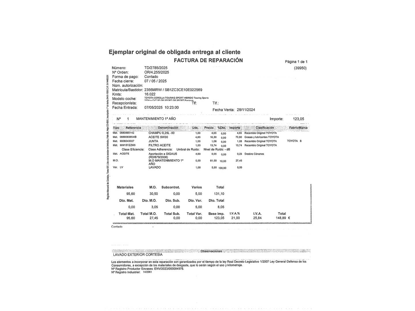 Foto del mantenimiento del Toyota Corolla Toyota Corolla 200H Touring Sports GR-Sport (196 CV)