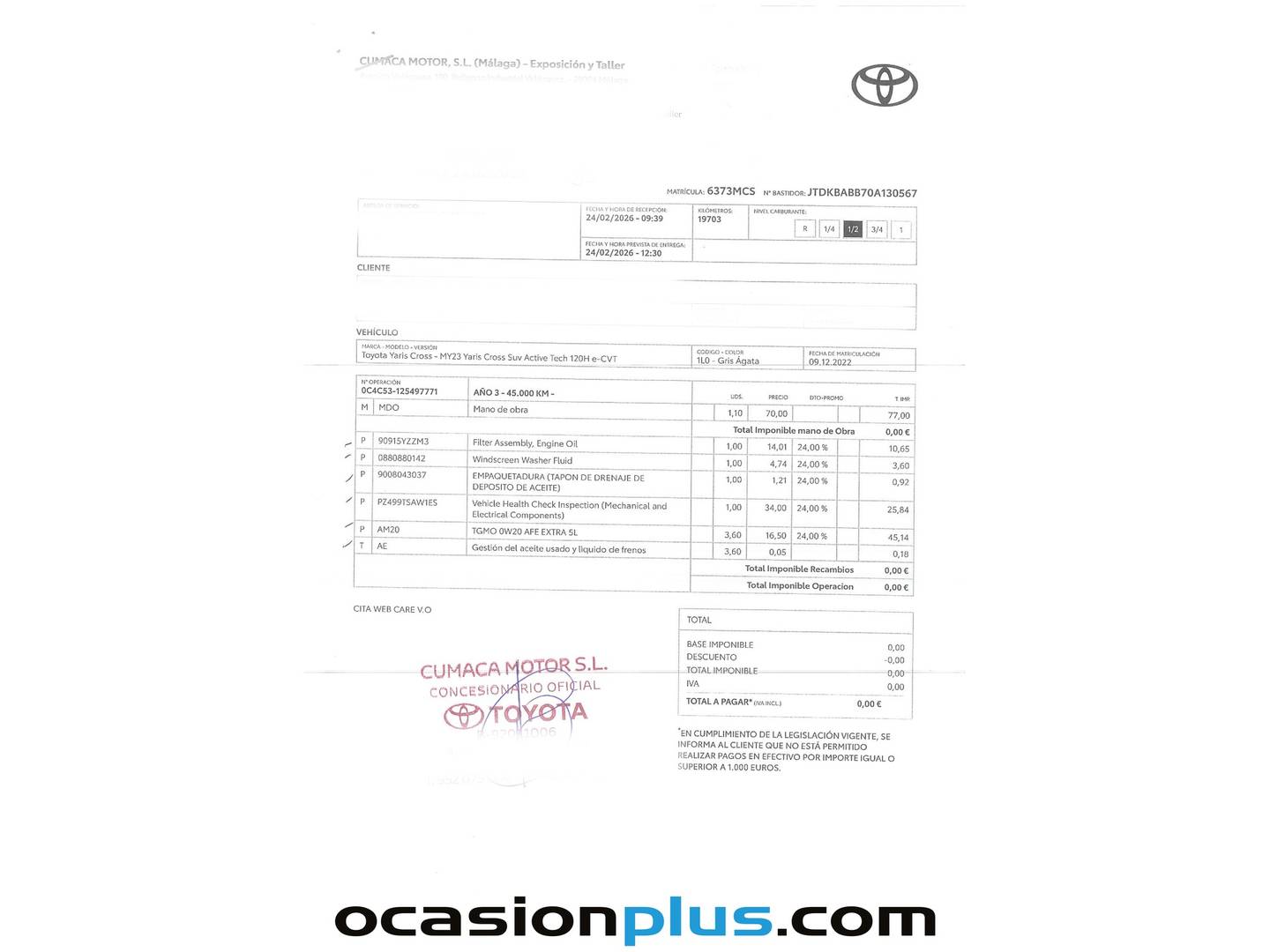 Foto del mantenimiento del Toyota Yaris Cross Toyota Yaris Cross 120H Active Tech (116 CV)